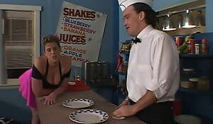 Hot busty slut doing changeless DP with bartender and cook