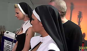 Two naughty nuns acquire surprised with big hard cocks
