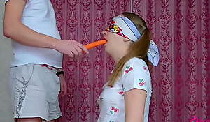 Fake Brother tricked his when she passed a challenge with food and seduce her to blowjob and first sex! - Nata Sweet