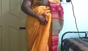 Desi indian horny tamil telugu kannada malayalam hindi cheating wife vanitha crippling orange colour saree in like manner big boobs and shaved pussy press hard boobs press nip rubbing pussy obloquy