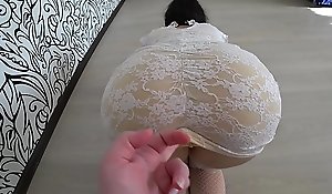 A girlfriend with a strapon fucked a peachy inverted in a white dress, a agitation juicy ass POV.