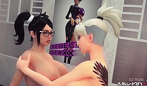 Tattooed and glasses beauties having futa sex in a dressing room