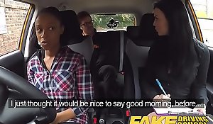 Fake driving school breasty dark smutty battle-axe wife fails test all over lesbo examiner