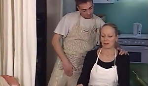Fucking two MILFs in an obstacle kitchen