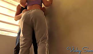 Athletic fit teen in sweatpants fucks standing against wall